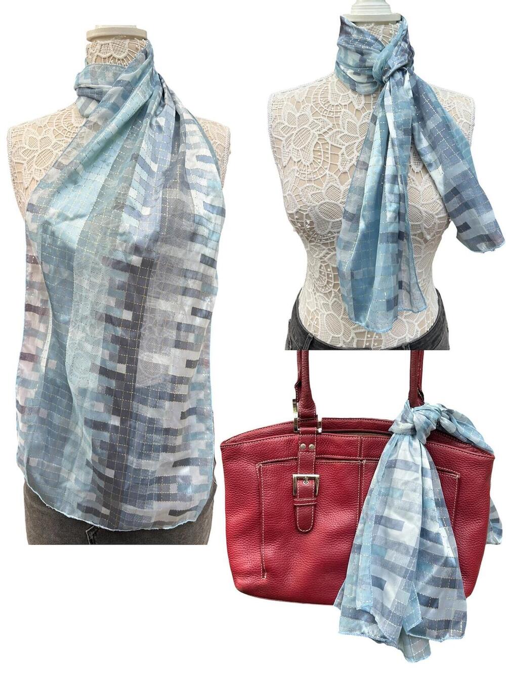 Blue Geometric Pattern Scarf with Metallic Stitching